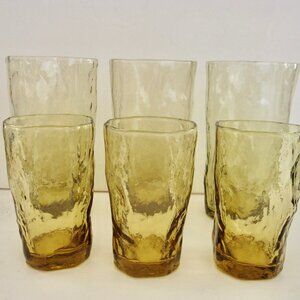 Vintage 60s Morgantown Crinkle Glass Topaz 3 Tumblers 3 Juice Amber Driftwood US